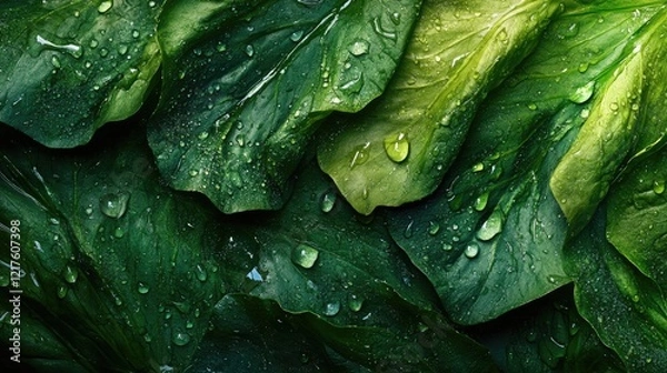 Fototapeta Fresh green leaves with water droplets macro texture background Copy Space