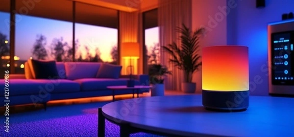 Fototapeta Modern Living Room with Smart Lamp and Sunset View featuring a round table and purple carpet