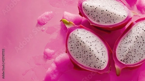 Fototapeta Sliced dragon fruit on pink background with moisture droplets and copy space for text