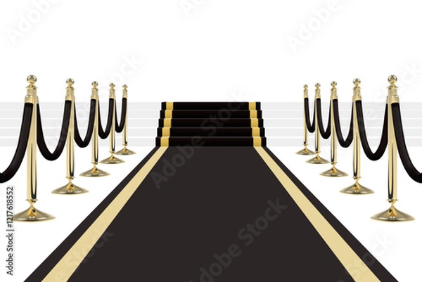 Obraz Black carpet with stairs, podium, red ropes and golden stanchions. Vector illustration.