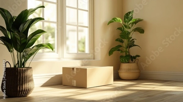 Fototapeta Indoor scene with a minimalist design featuring a cardboard box and potted plants near a window with natural light and copy space.