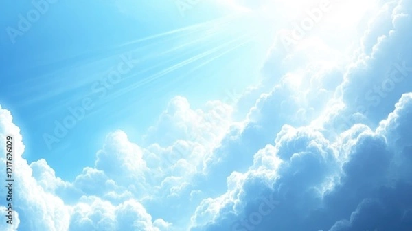 Fototapeta Blue sky with fluffy white clouds and sun rays creating a bright atmosphere Copy Space