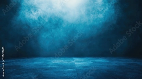 Fototapeta Blue misty background with dramatic lighting and textured floor for creative projects Copy Space