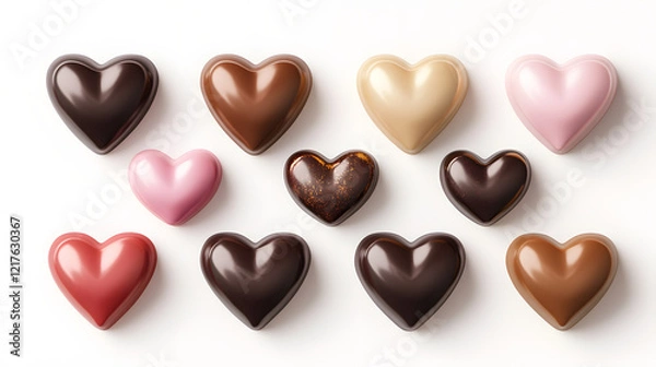 Fototapeta ? A set of heart-shaped chocolates with different flavors isolated on white background in HD