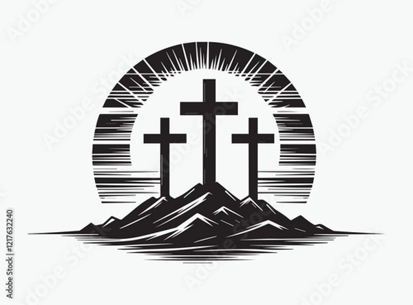 Fototapeta Beautiful Three Crosses at Sunrise Silhouette Vector - Ideal for Religious Artwork and Worship Graphics