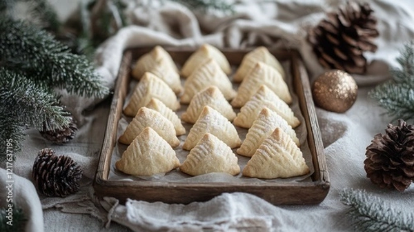 Fototapeta A wooden tray filled with neatly arranged traditional hamantaschen cookies, surrounded by pinecones and greenery