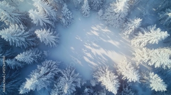 Fototapeta Aerial view of snow-covered forest with frost-covered trees casting shadows on the white ground Copy Space