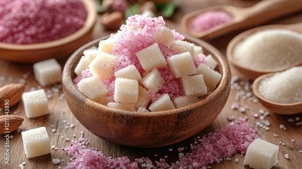 Fototapeta Colorful granulated sugars in wooden bowls with scattered sugar cubes and almonds on a rustic wooden surface Copy Space