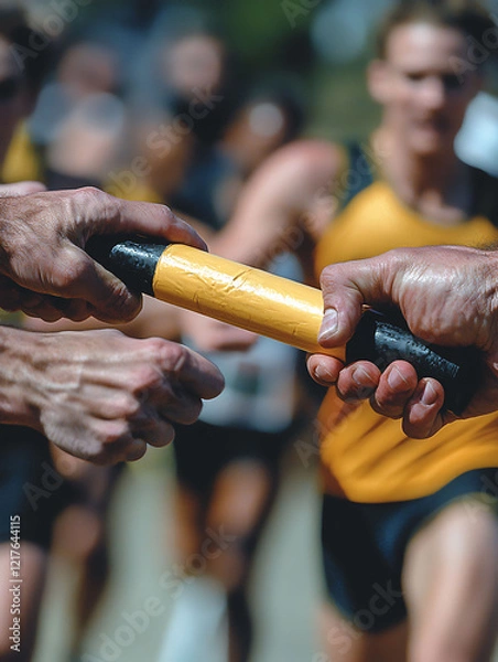 Fototapeta Closeup shot of a relay race baton exchange.  Two hands grasp the baton, emphasizing teamwork and competition.  Blurred background depicts runners in motion.