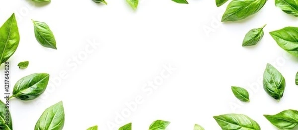 Fototapeta Fresh Basil Leaves Top View Isolated on White Background with Empty Space for Text Perfect for Culinary or Herbal Illustrations