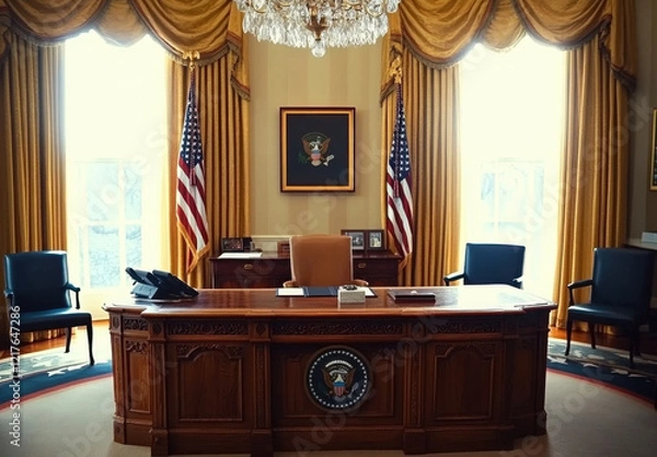 Fototapeta The Oval Office in the White House with Gold Curtains and Blue Chairs 
