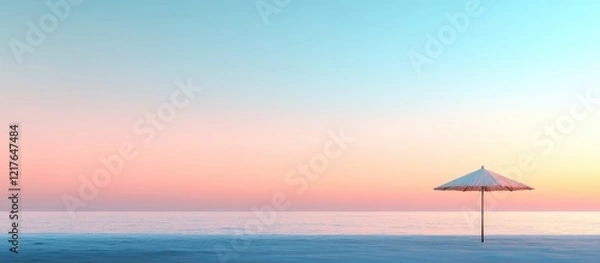 Fototapeta Tropical beach umbrella at serene sunrise with pastel sky and calm sea creating tranquil atmosphere for relaxation and vacation imagery