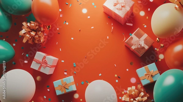 Obraz Joyful Flat Lay Featuring Vibrant Balloons, Wrapped Gifts, and Shimmering Confetti, with a Clean Open Area at the Top for a Customized Message or Party Invitation copy space