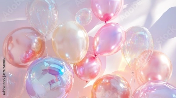 Fototapeta Holographic Balloons in Various Colors Floating Gracefully on a Bright Background for Celebratory Themes and Festive Decorations