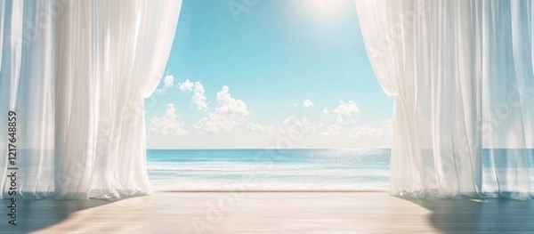 Obraz Serene Beach View Through Sheer Curtains with Natural Light Illuminating Vintage Room and Blank Space for Text or Design Elements