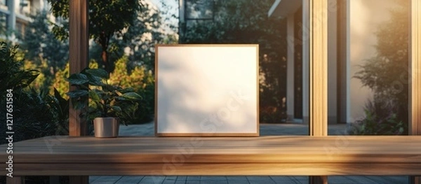 Fototapeta Blank Canvas on Wooden Table Outside a Home with Natural Light and Greenery Providing Copyspace for Text or Promotional Content