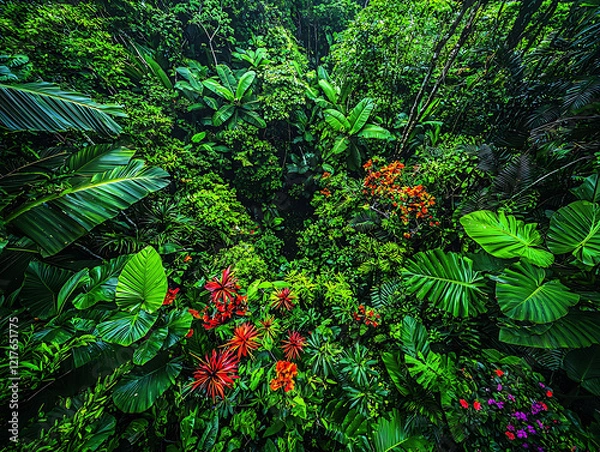 Fototapeta Lush tropical rainforest overhead shot. Vibrant green foliage with pops of red and orange flowers. Ideal for travel, nature, environmental, and botanical themes.