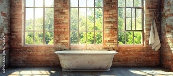 Fototapeta Bright bathroom interior featuring large windows, a freestanding tub, and ample copy space for text or branding opportunities.