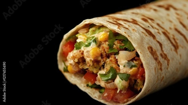Fototapeta Falafel wrap close up showcasing vibrant stuffed ingredients with ample empty space for creative text placement and culinary promotion