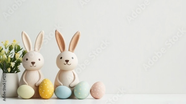 Fototapeta Wooden Easter Bunnies Surrounded by Colorful Eggs and Flowers on Light Background with Space for Seasonal Greetings or Messages