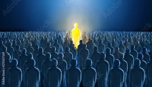 Obraz 어두운 조명 아래 다수의 사람 형상을 한 군중 중에서 중앙에 위치한 한 인물이 밝은 빛으로 강조된 모습