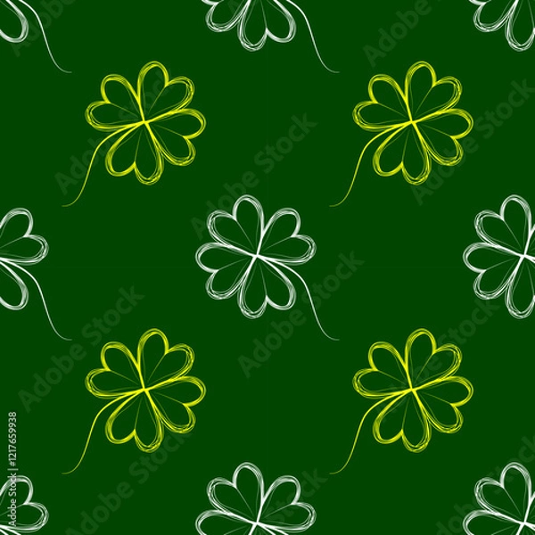 Obraz A seamless St. Patrick's Day pattern with hand-drawn white and yellow clovers on a green background. Perfect for festive decorations, wallpapers, and holiday designs.
