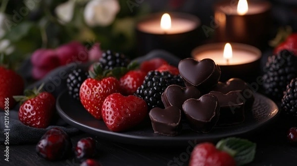 Fototapeta A romantic Valentine’s Day setup featuring a berry bouquet, vegan chocolate hearts, and glowing candles, isolated on black