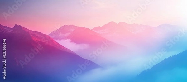 Fototapeta Colorful mountain landscape with mist at dawn featuring soft pastel hues and Copy Space for text placement.