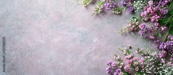 Fototapeta Floral arrangement of purple and pink wildflowers on a textured gray background with ample copy space for text placement