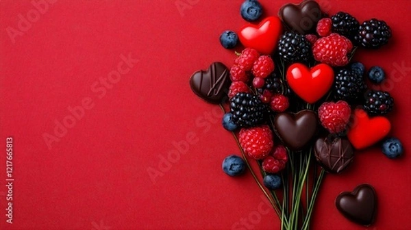 Fototapeta A whimsical berry bouquet paired with heart-shaped vegan chocolates, displayed on a soft velvet surface, isolated on red