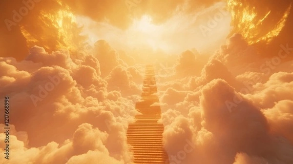 Obraz Golden clouds and a staircase leading to the sky. Great for dreamlike, spiritual, or inspirational concepts.