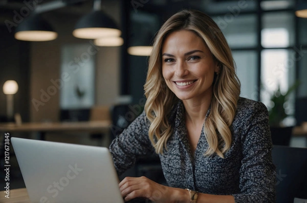 Fototapeta Portrait of a smiling, confident business woman, a beautiful model, working on a laptop in a modern office