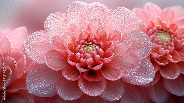 Fototapeta Close-up of dew-covered pink dahlias.