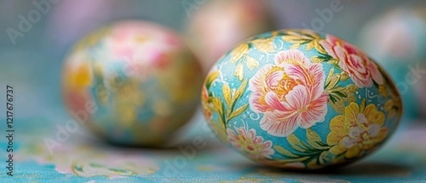Fototapeta Two beautifully decorated Easter eggs rest on a table, symbolizing the festive spirit of the holiday.