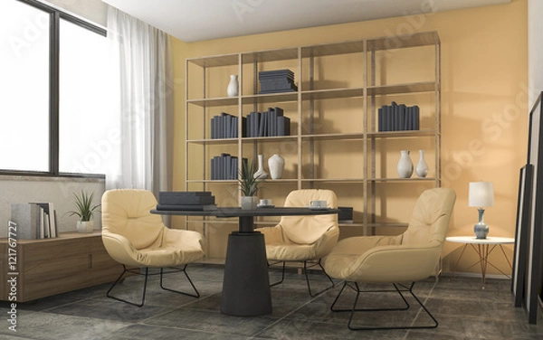 Fototapeta 3d rendering yellow decoration living room with nice furniture