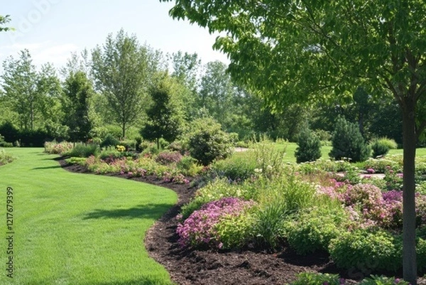Obraz Landscapers create vibrant outdoor space by planting new shrubs and flowers on a sunny day
