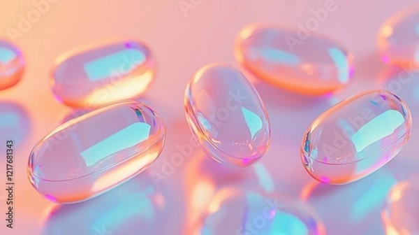Obraz Various translucent capsules are scattered artistically on a soft surface. The warm lighting highlights their shapes and creates a vibrant glow, enhancing their modern aesthetic