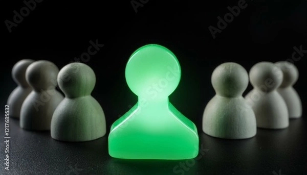 Fototapeta 검은 배경 위에서 흐릿한 회색 인물들 사이에 한 인물이 녹색 빛으로 강렬하게 빛나며 중심에 자리 잡는다