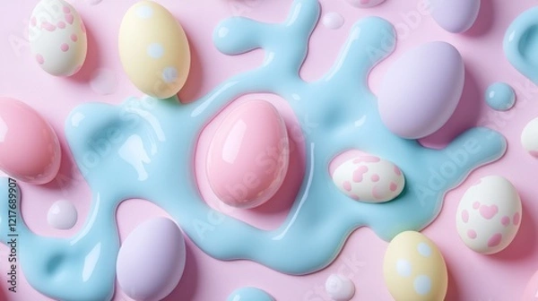 Fototapeta A vibrant close-up featuring colorful eggs and candy against a pink and blue background, celebrating the joy of Easter.