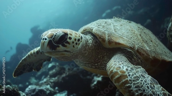 Fototapeta Diver Swimming Close to Sea Turtle in Tropical Reef