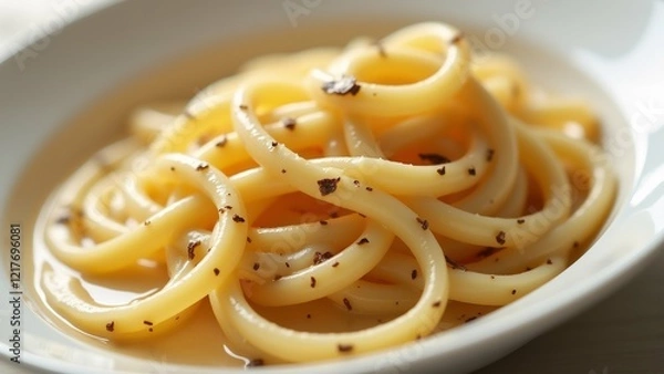 Fototapeta The image is a close-up of a plate of spaghetti. The spaghetti is cooked al dente and is covered in a creamy sauce.