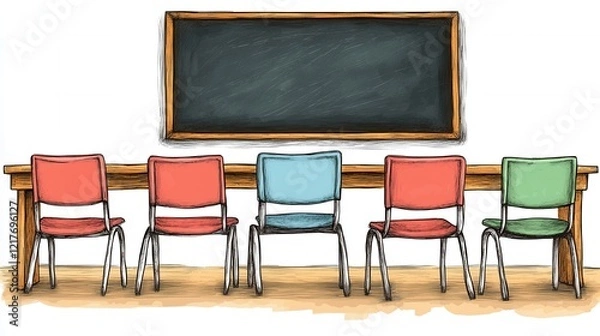 Fototapeta Empty Classroom Chairs Facing Blackboard Sketch Style Illustration Education Concept