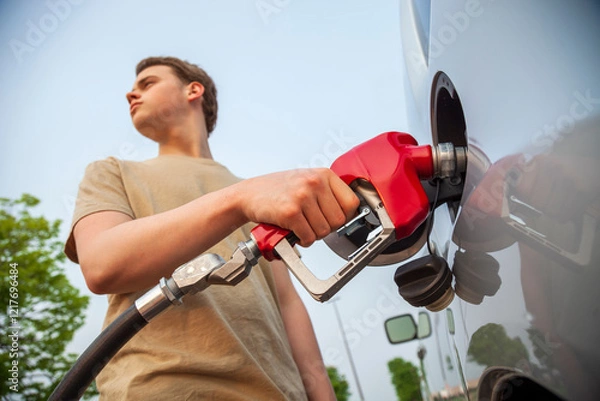 Obraz Selective focus view of a young man pumping gas into a silver vehicle