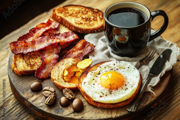 Fototapeta Rustic breakfast spread featuring fried eggs, crispy bacon, toasted bread, and black coffee on a wooden table