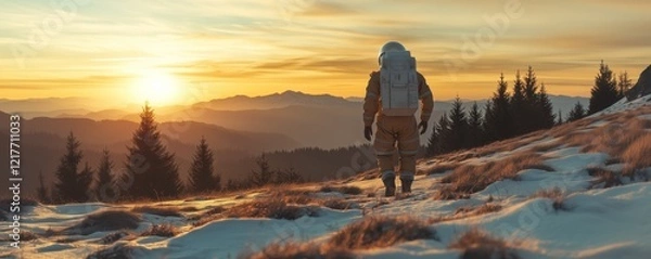 Fototapeta Alone astronaut walking through the snowy pine tree forest.
