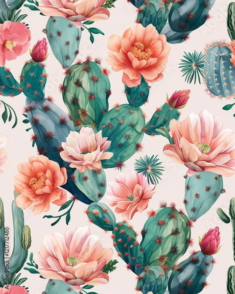 Fototapeta Pattern of intertwined cacti and blooming succulen_004