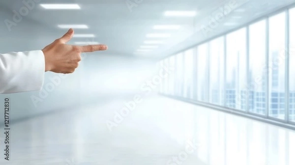 Fototapeta Hand directing attention towards row of on modern building facade.
