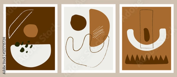 Obraz A set of three abstract style print templates. Organic shapes and geometric compositions in white and brown.