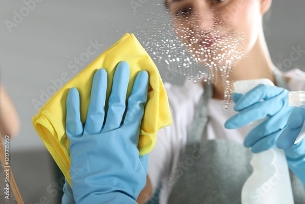Obraz Woman using cleaning product while wiping mirror with rag indoors, closeup