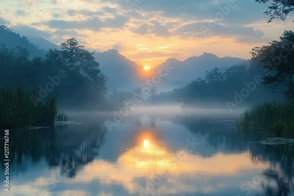 Obraz Beautiful lake on sun rays background
